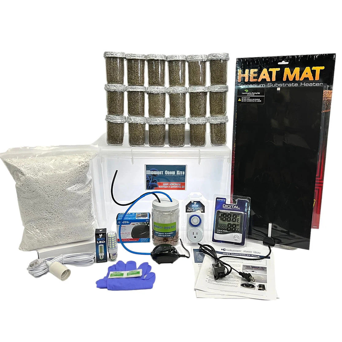 Midwest Grow Kits Mega Mushroom Growing Incubator Kit: 20 jars, heat mat, perlite, LED, thermometer, timer.