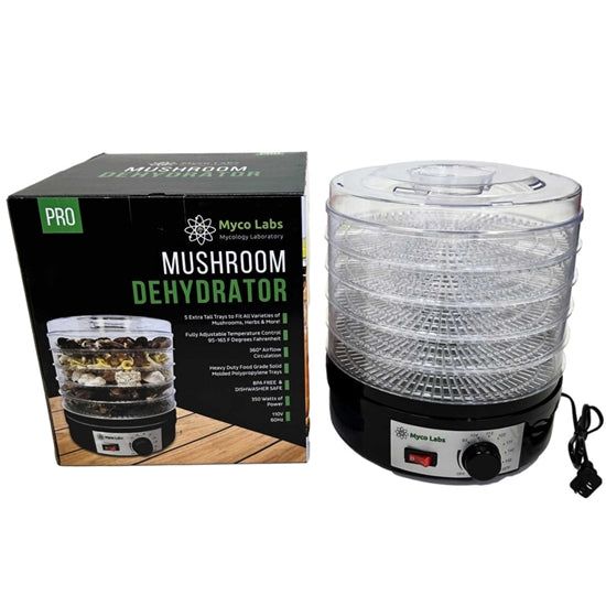 Myco Labs PRO 350W mushroom dehydrator with 5 trays and black base, displayed with its retail box.