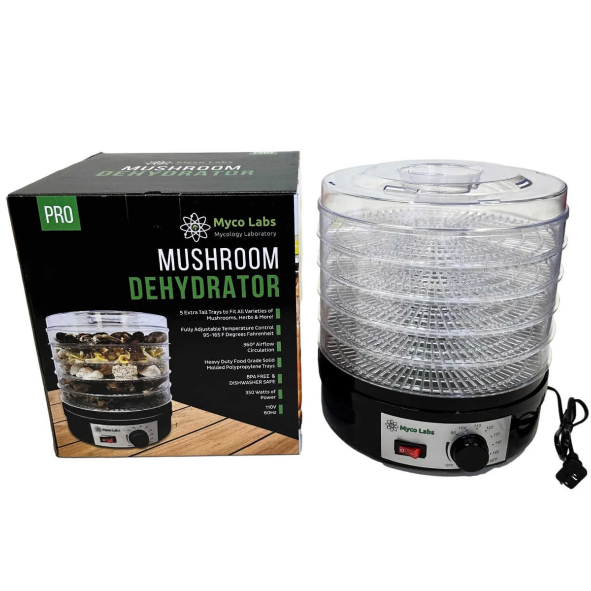 Myco Labs PRO 350W mushroom dehydrator with 5 trays and black base, displayed with its retail box.