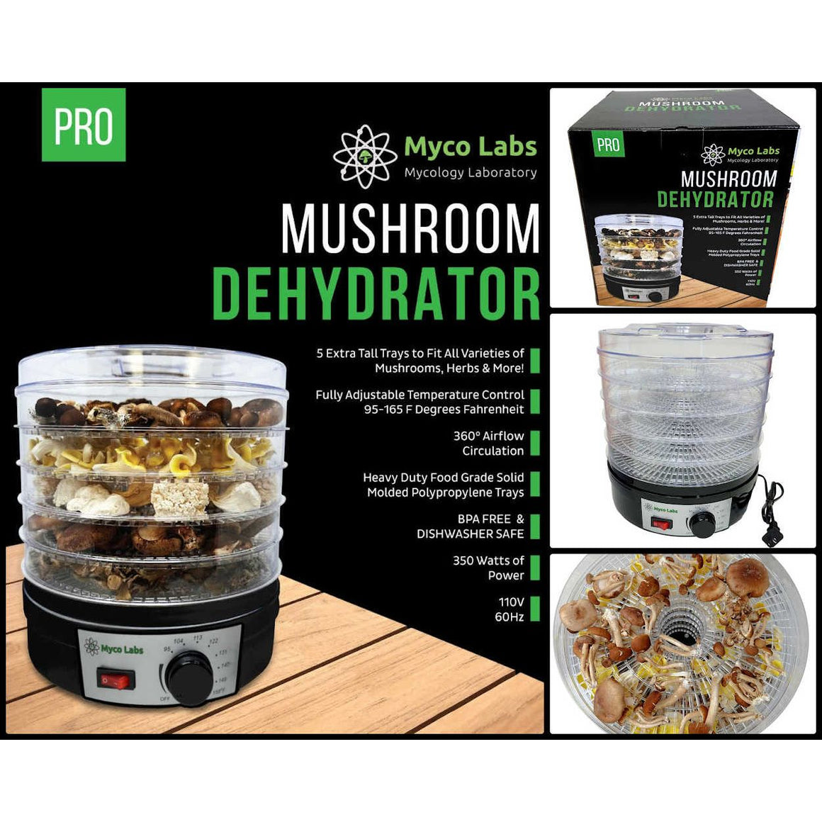 Myco Labs PRO Mushroom Dehydrator with 5 clear trays, adjustable temperature, dehydrating various mushrooms; box & unit views.