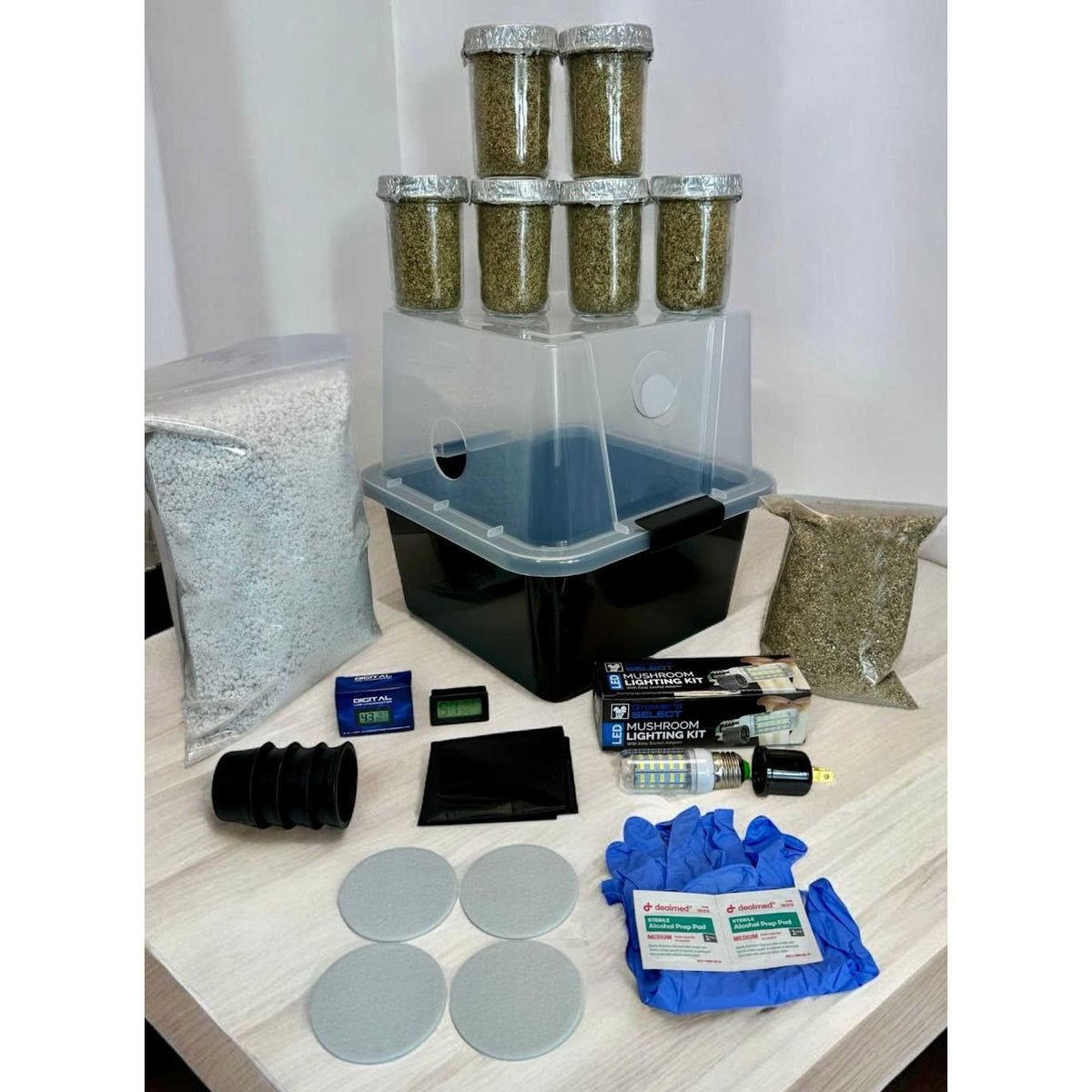 Midwest Grow Kits Simple Mushroom Grow Kit Plus: jars, monotub, perlite, substrate, lighting, and accessories.