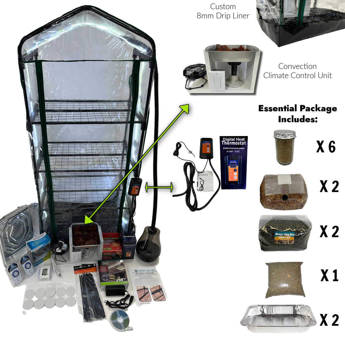 Midwest Grow Kits Ecosphere Package 3.0: Greenhouse, climate control, thermostat, humidifier, mushroom substrates.
