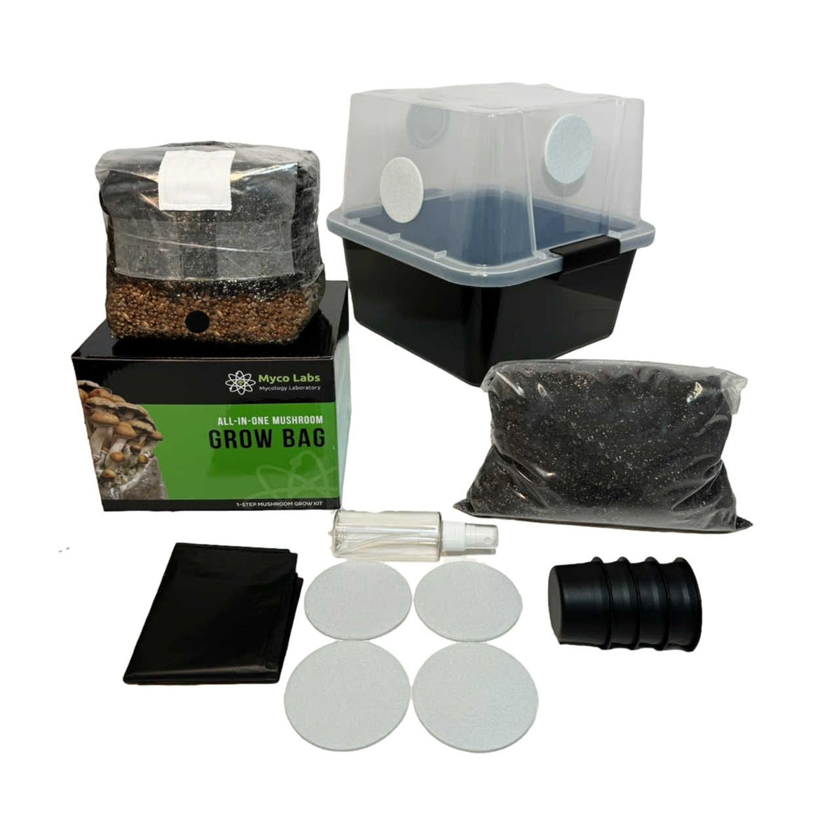Midwest Grow Kits All-in-One Mushroom Monotub Starter Grow Kit with grow bag, substrate, tub, and accessories.