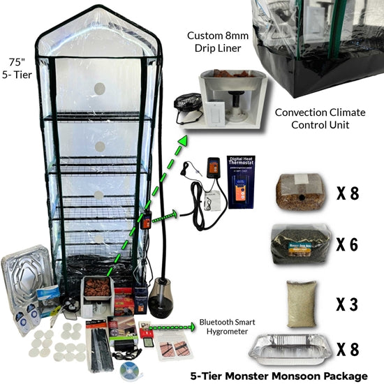 5-Tier Monster Monsoon grow kit with 75in tent, climate control, thermostat, hygrometer, spawn, casing & trays.