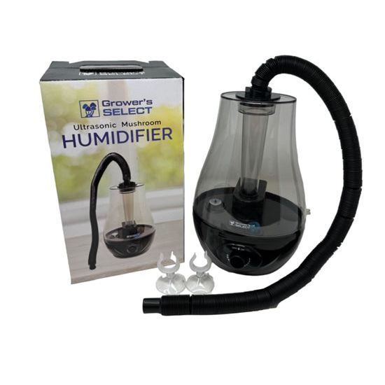 Grower's Select 3.0L ultrasonic mushroom humidifier, black and clear, with corrugated hose and product box.
