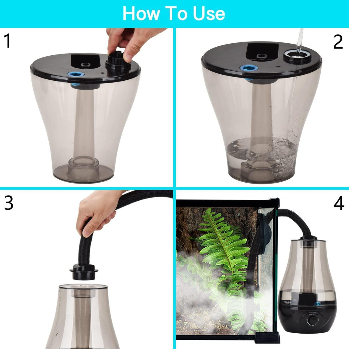 Four steps demonstrate using a greenhouse/terrarium humidifier: adjusting, filling water, attaching hose, and misting plants.
