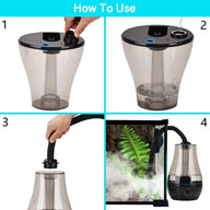 Four steps demonstrate using a greenhouse/terrarium humidifier: adjusting, filling water, attaching hose, and misting plants.
