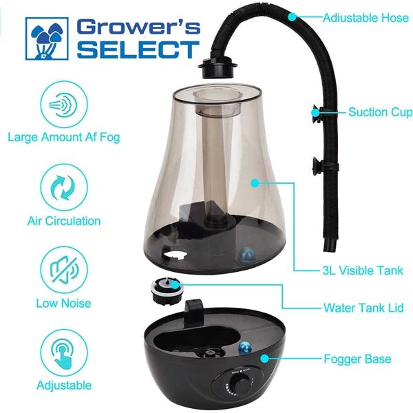 Grower's Select mushroom humidifier exploded view: 3L clear tank, adjustable hose, base, lid, suction cups, features.