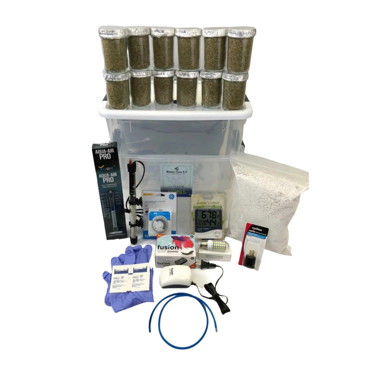 Midwest Grow Kits Ultimate Mushroom Growing Incubator Kit with 12 jars, heater, air pump, and perlite.