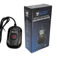 Grower's Select 50W Smart LED Digital Aquarium Heater, black, with red display set to 82, next to its box.
