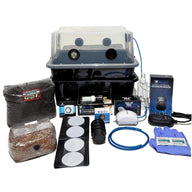 Mushroom growing kit with clear-top humidity tent, substrate bags, LED light, timer, air pump, heater, and gloves.