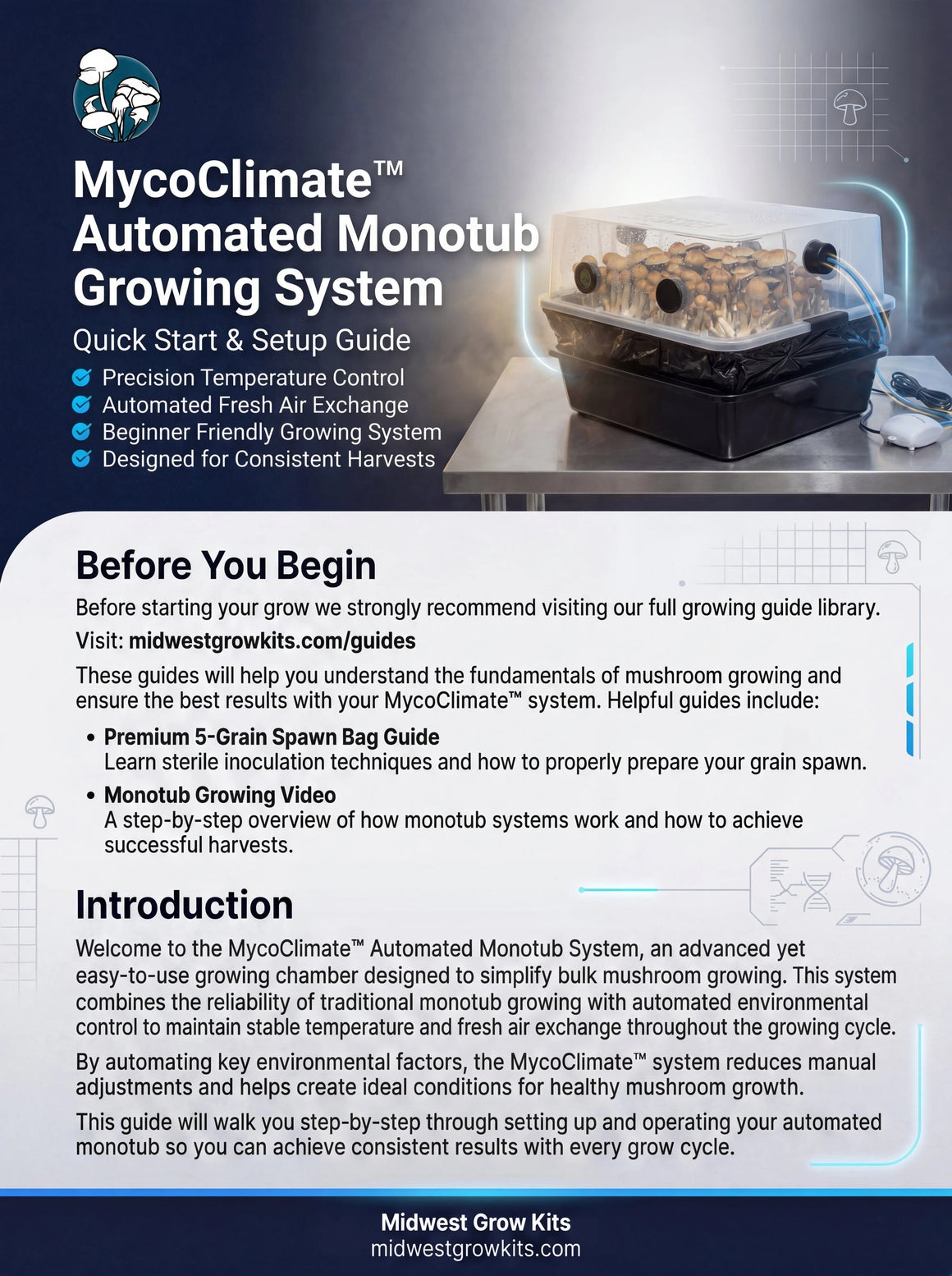 MycoClimate automated monotub mushroom growing system. Features include temperature control and fresh air exchange.