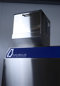 Shiny silver Mobius M5 Shredder with blue logo.