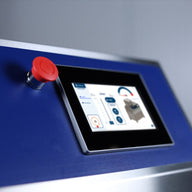 Mobius M5 Shredder control panel with touchscreen, speed gauge, and emergency stop button.
