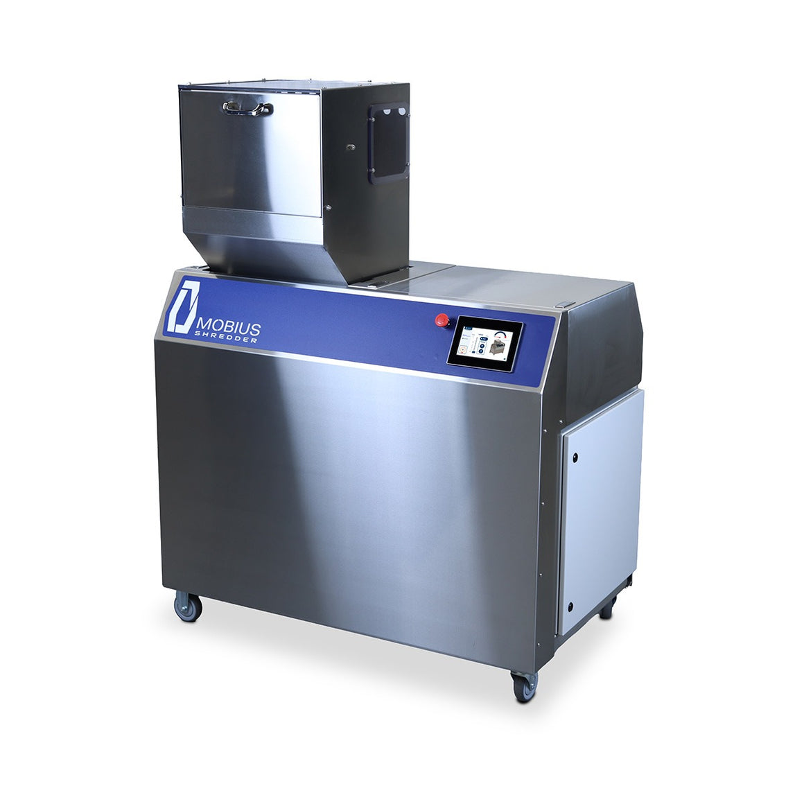 Mobius M5 shredder with stainless steel housing and blue control panel.