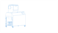 Blue line drawing of a commercial shredder on wheels, with a hopper on top and a collection bin below.