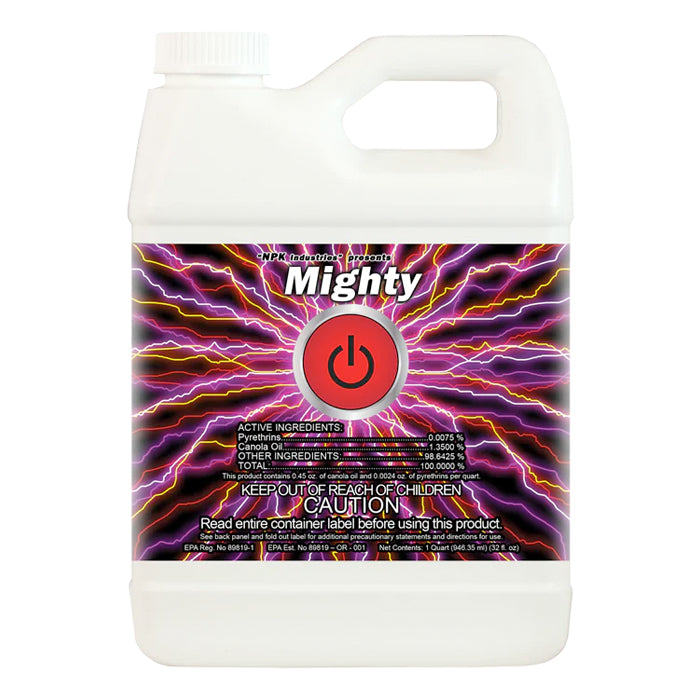 NPK Industries Mighty 1 Quart bottle with red power button logo and lightning graphic.