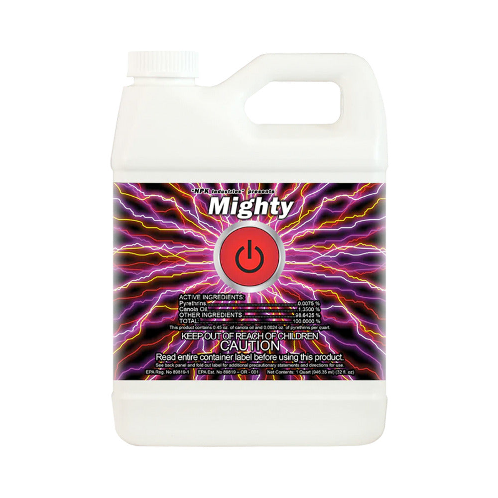 NPK Industries Mighty 1 Quart bottle with red power button logo and lightning graphic.