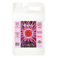 White jug of NPK Industries Mighty spider mite insecticide with a pink label featuring a power button.
