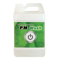 A white gallon jug of PM Wash by NPK Industries, with a green leaf label and a power button icon.