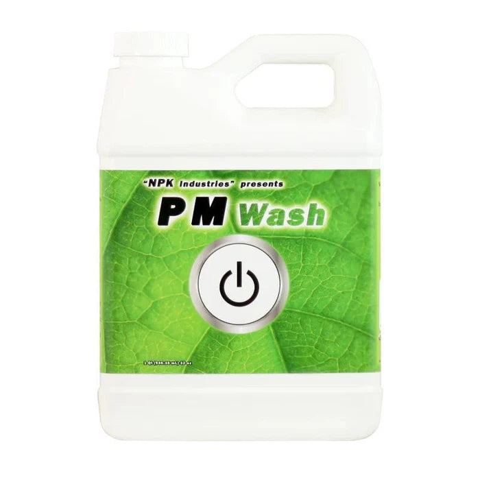 White jug with green leaf label for "PM Wash" by NPK Industries, featuring a power button icon.
