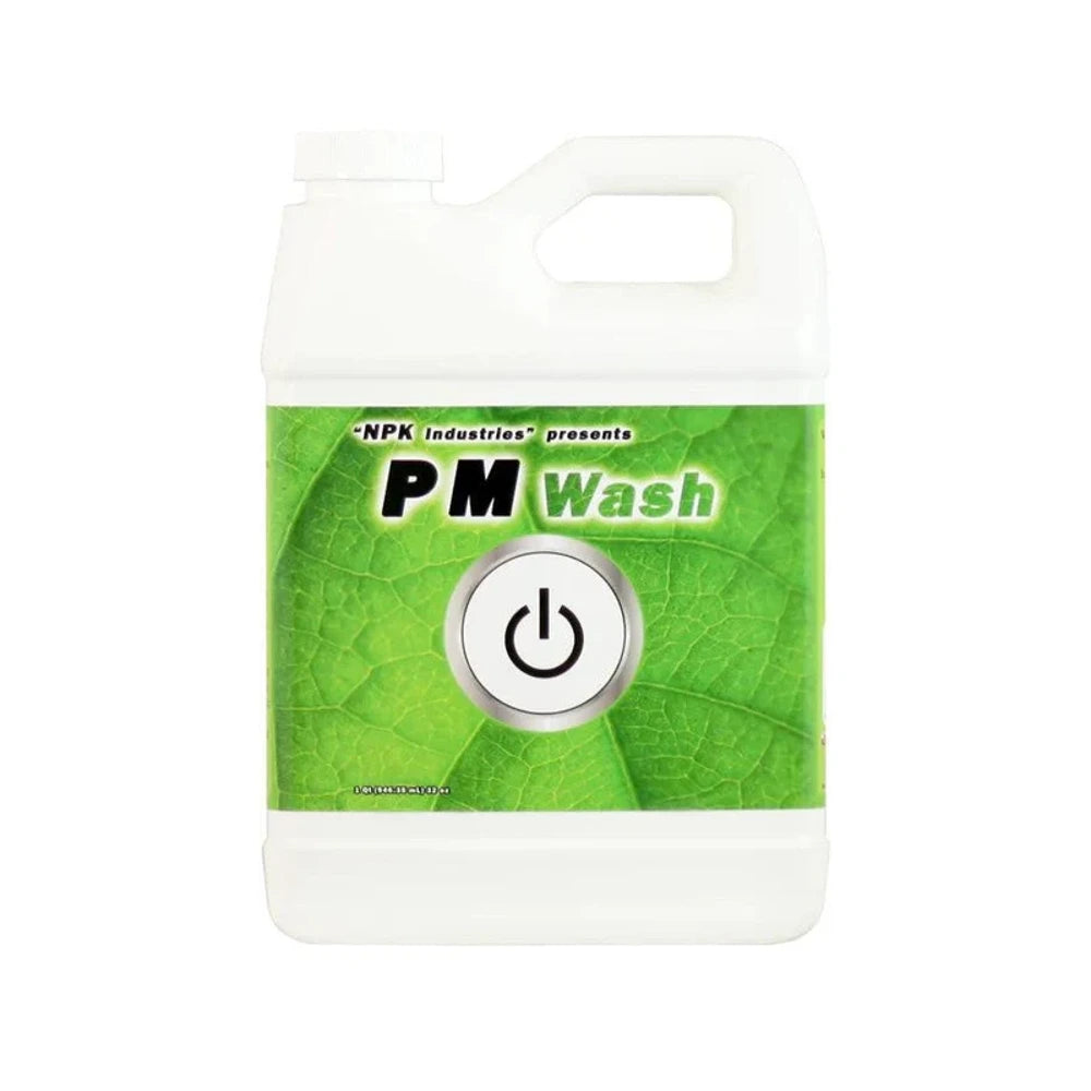 White jug with green leaf label for "PM Wash" by NPK Industries, featuring a power button icon.