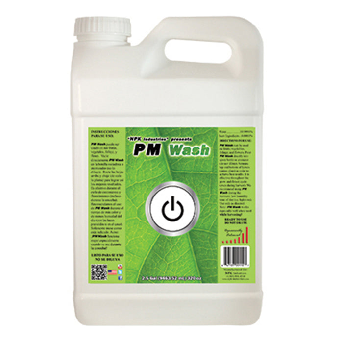 White jug of "PM Wash" by NPK Industries, featuring a green leaf background and a power button icon.