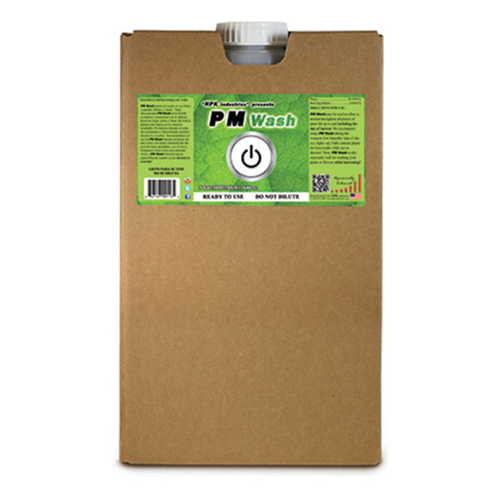 Cardboard box with "PM Wash" label, featuring a green leaf background and a power button icon.