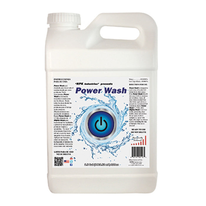 NPK Industries Power Wash 2.5 gallon jug with a blue power button and water splash graphic.