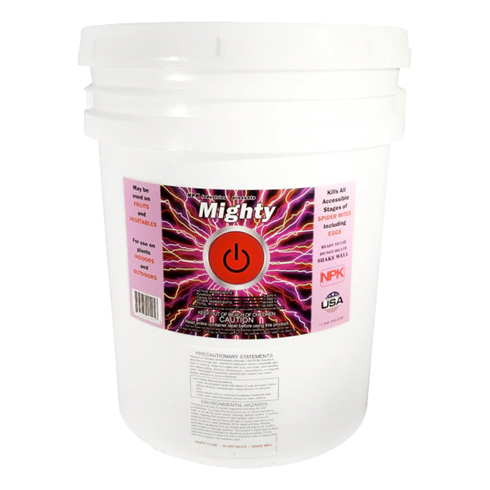 White 5-gallon bucket of NPK Mighty spider mite insecticide with a pink lightning bolt label.