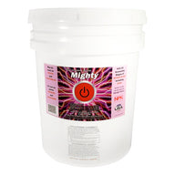 White 5-gallon bucket of NPK Mighty spider mite insecticide with a pink lightning bolt label.
