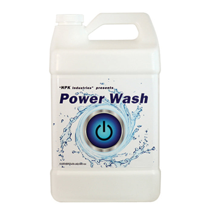 White gallon jug of NPK Industries Power Wash with a blue power button icon and water splash graphic.