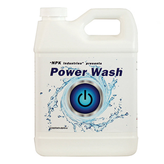 White plastic jug of NPK Industries "Power Wash" with a blue power button icon and splashing water design.