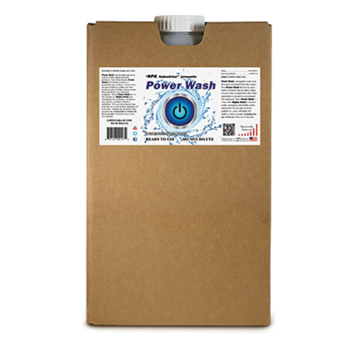A brown cardboard box labeled "NPK Industries Power Wash" with a blue power button logo.