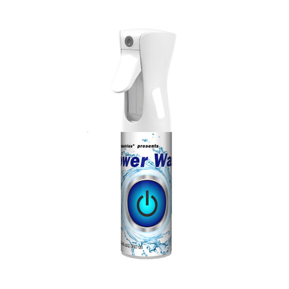 White spray bottle labeled "Power Wa" with a blue power button icon.
