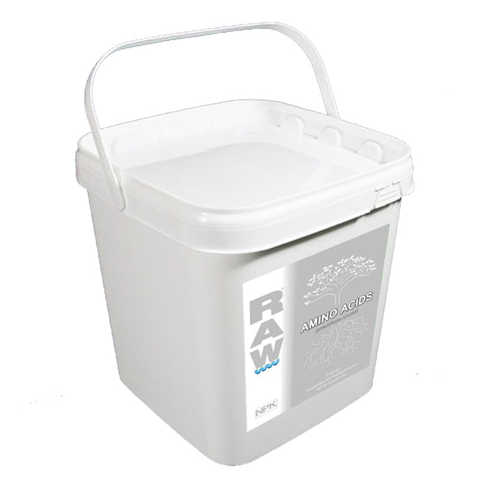 White bucket of NPK RAW Amino Acids fertilizer with a tree and root graphic.