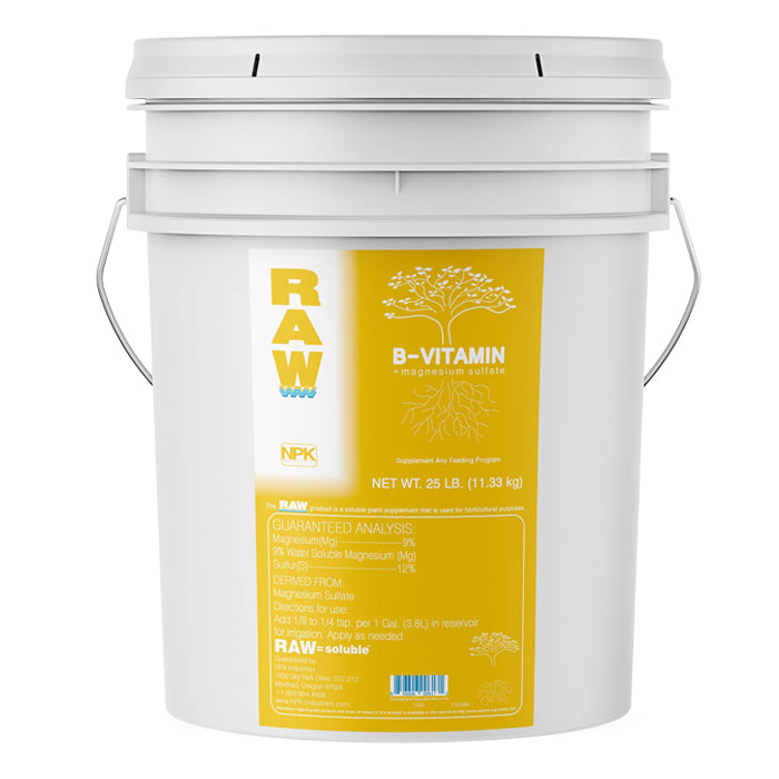 RAW B-Vitamin magnesium sulfate 25lb bucket with NPK logo.