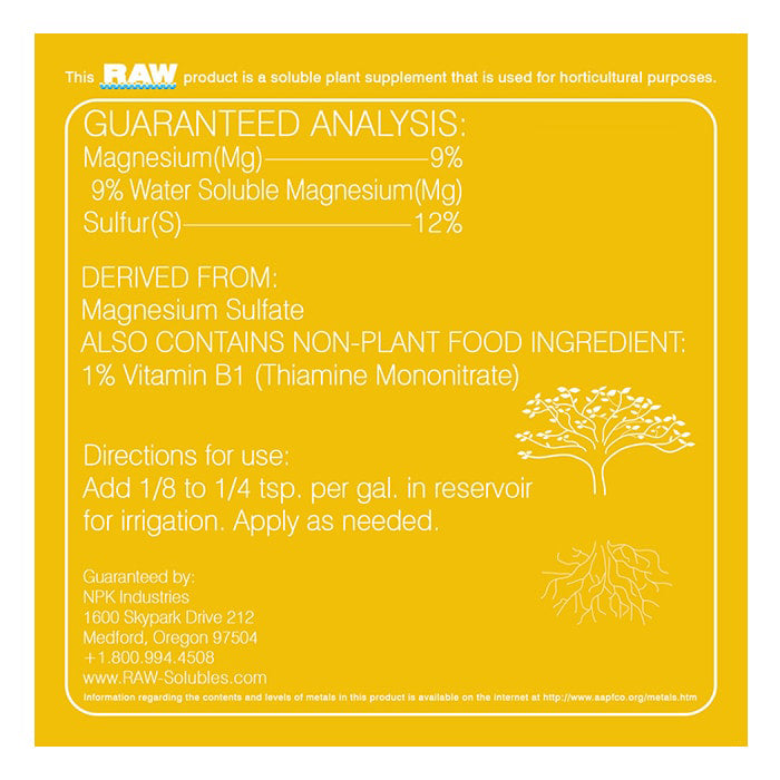 Yellow plant nutrient label: Guaranteed analysis, derived from, directions for use, and contact info.