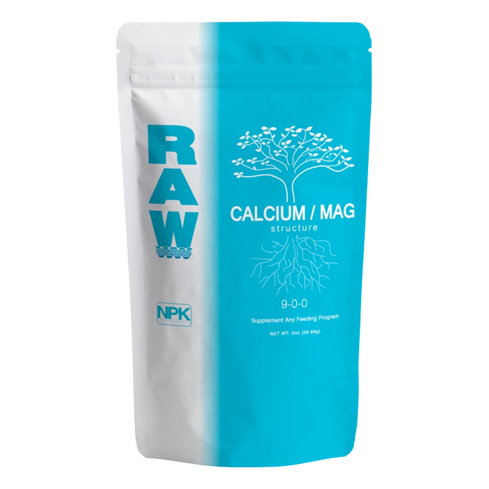 RAW CALCIUM / MAG structure plant nutrient supplement with tree and root graphic. 9-0-0 NPK.