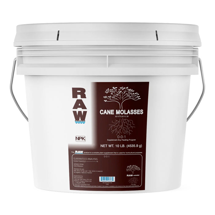 White bucket of RAW Cane Molasses, 10lb, 0-0-1 fertilizer for plants.