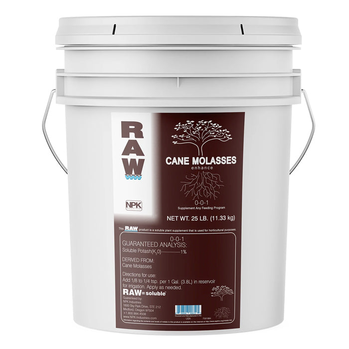 White bucket of RAW Cane Molasses fertilizer, 25 lbs.