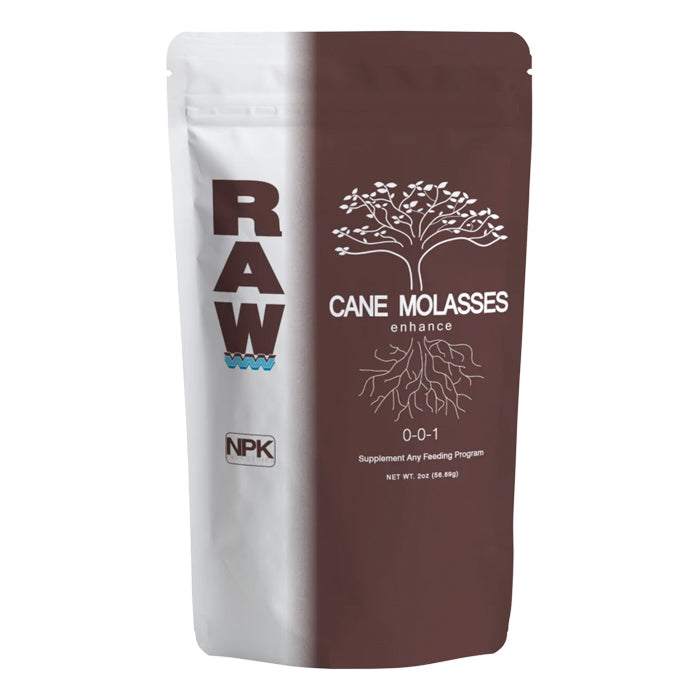 RAW Cane Molasses 2oz bag, supplement for plants, shows tree with roots.
