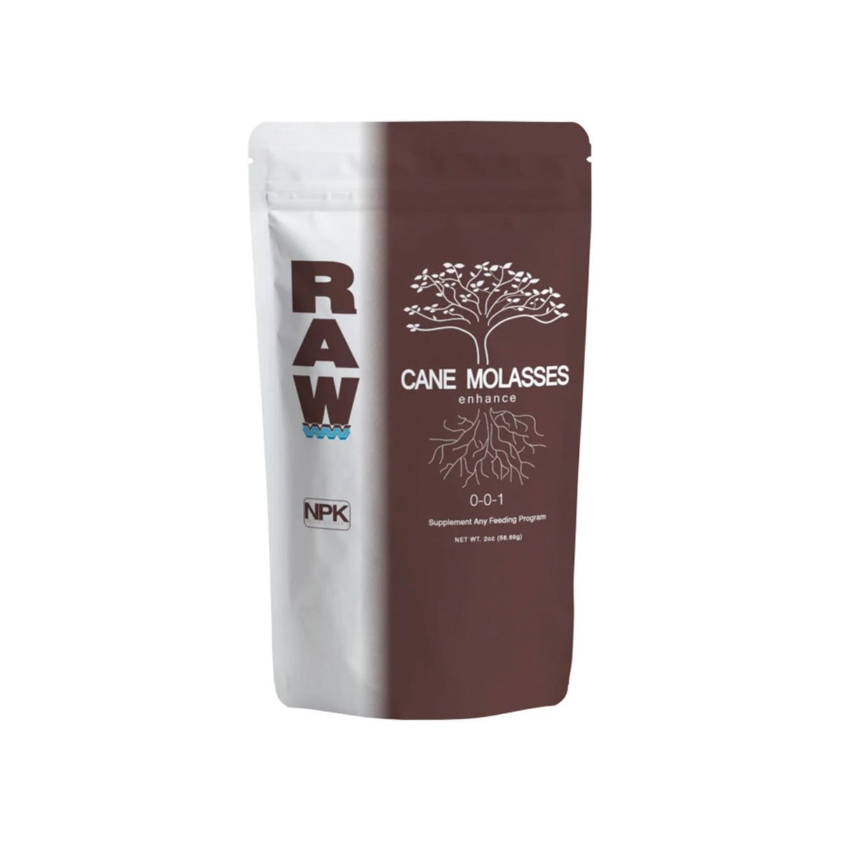 RAW Cane Molasses 2oz bag, supplement for plants, shows tree with roots.