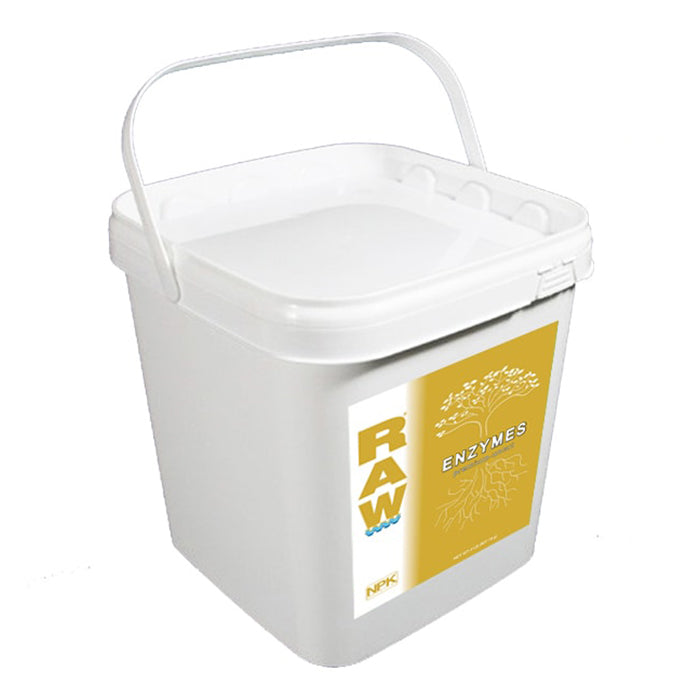 White bucket of NPK Raw Enzymes with yellow and white label.