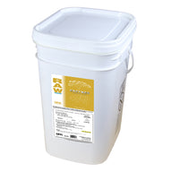 White bucket of NPK RAW Enzymes fertilizer with a yellow label and tree root design.