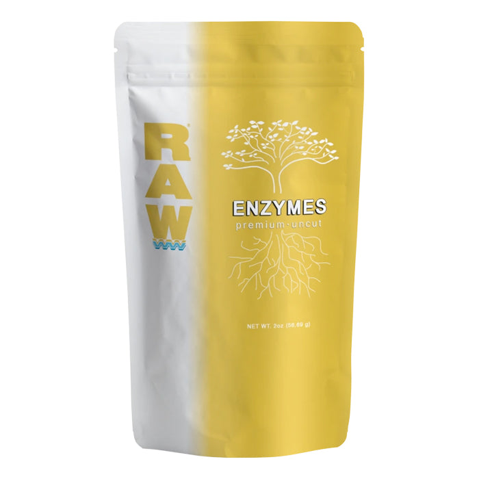 Raw Enzymes premium uncut supplement pouch with tree root graphic.