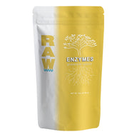 Raw Enzymes premium uncut supplement pouch with tree root graphic.