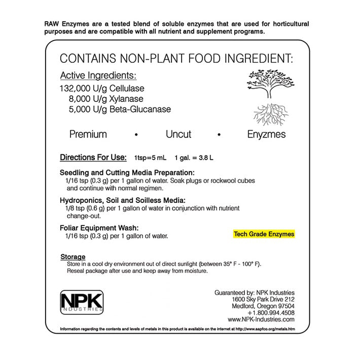 NPK Raw Enzymes label: Contains non-plant food ingredients, active ingredients, directions for use, storage, and company info.
