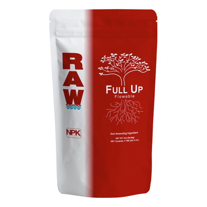 RAW Full Up Flowable NPK fertilizer pouch with tree and root graphic.