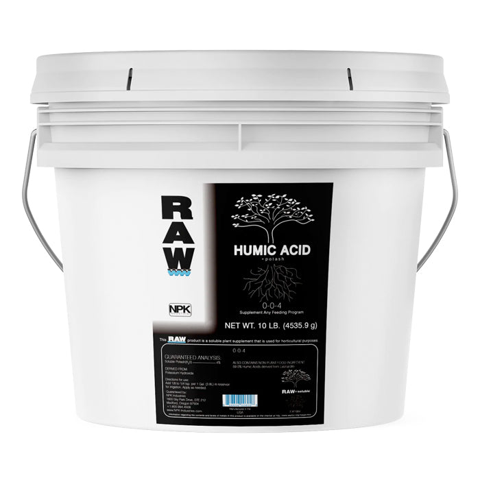 White 10lb bucket of RAW Humic Acid fertilizer for plants, with a black label showing a tree and roots.